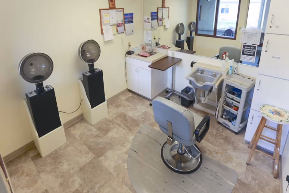 Interior view of a small salon or hair care room with a single salon chair in front of a sink, two hair dryers against the wall, a mirror, cabinets, and a stool with a floral design seat.