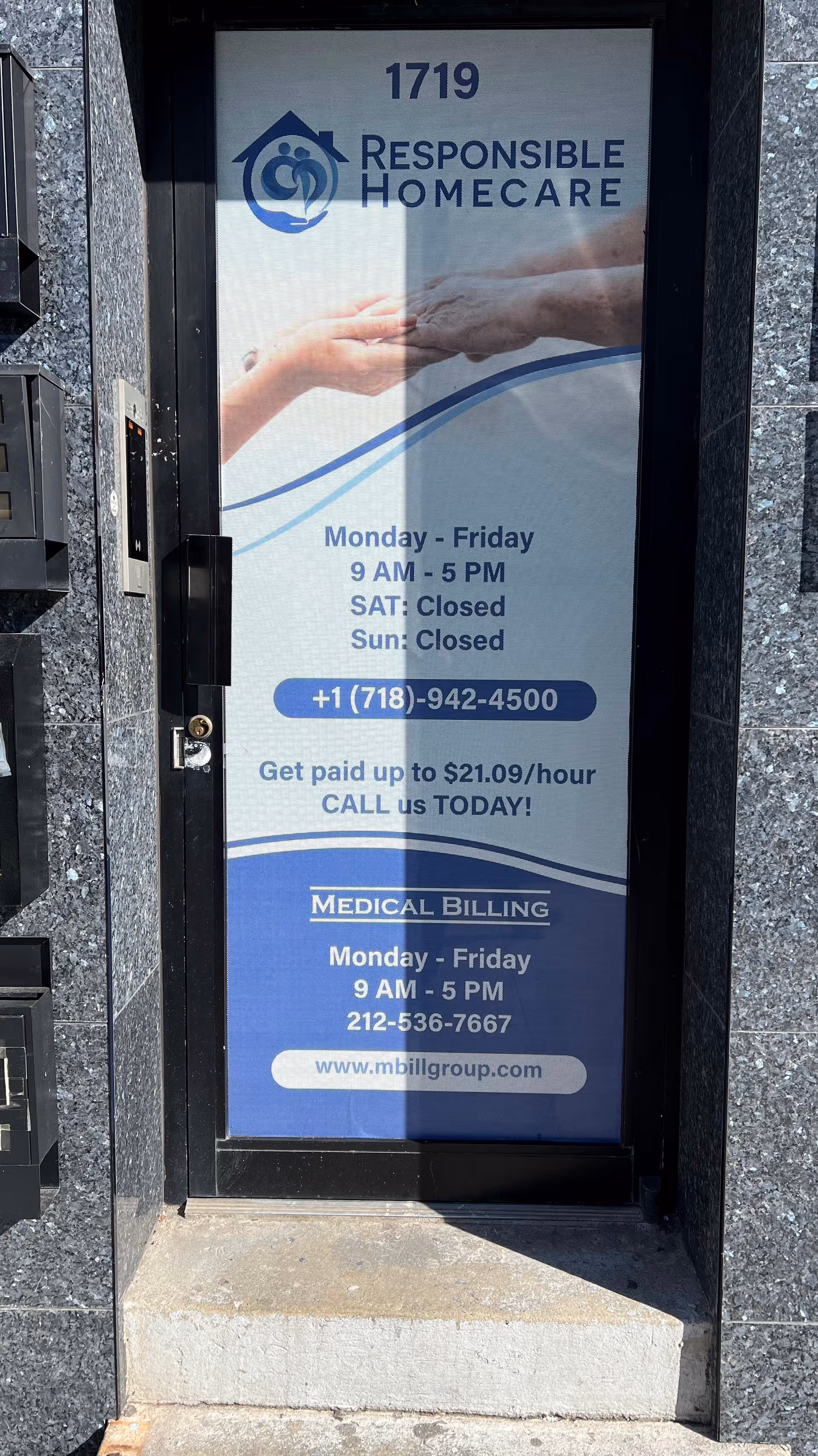Door with Responsible Homecare sign showing hours, phone, and medical billing info.