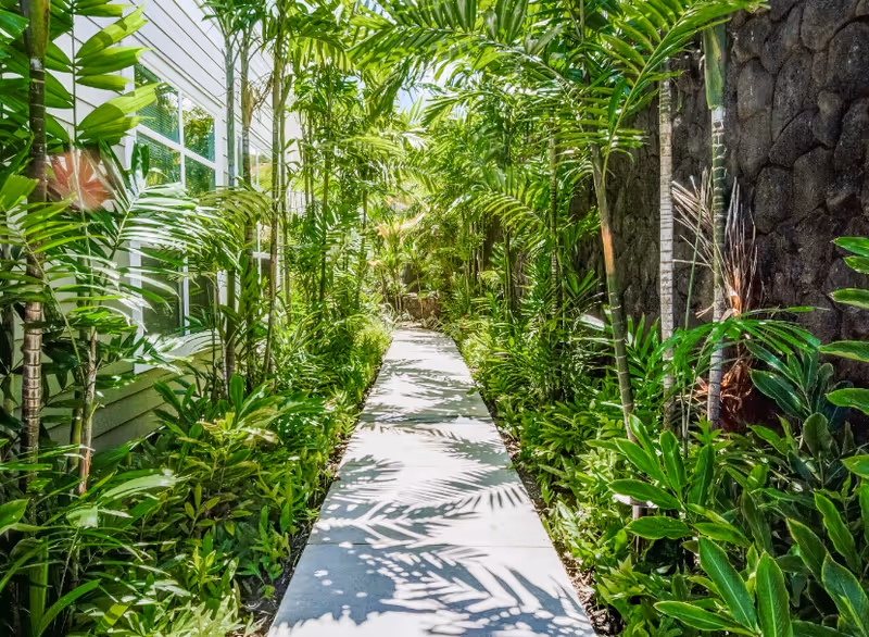 Lush tropical garden walkway beside the building exterior, framed by dense green plants.