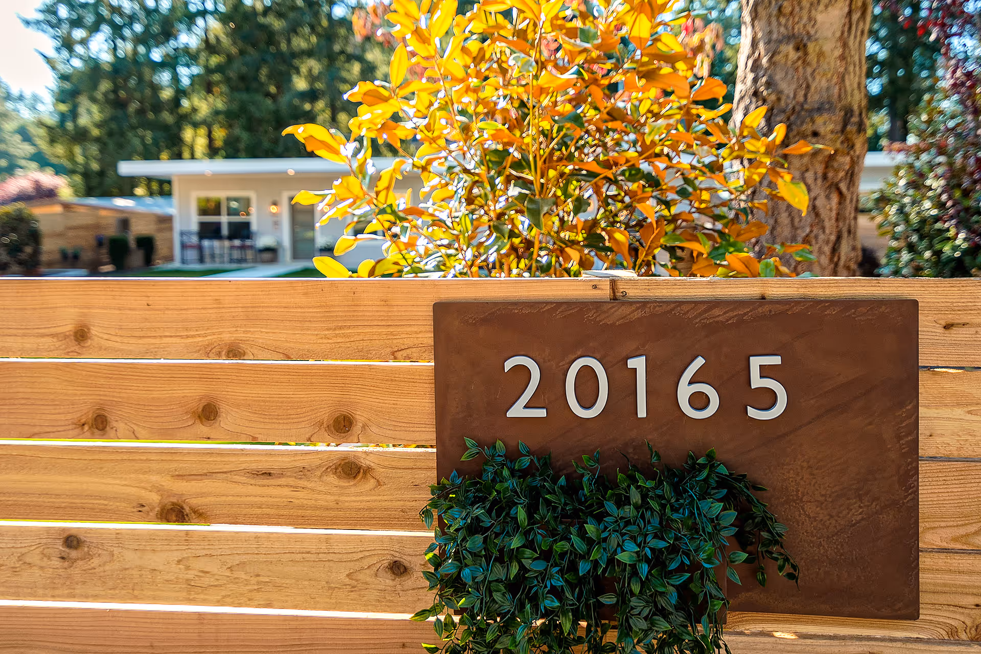 Outdoor view shows wooden fence, metal plaque, and address for Ashford at Lake Ballinger.