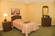 A bedroom with a single bed covered in a patterned beige bedspread. There is a wooden nightstand with a lamp and a small plant on the left side of the bed. On the right side of the room, there is a wooden dresser with a mirror above it and a vase with white flowers. The walls are painted light yellow and the floor is carpeted in green.
