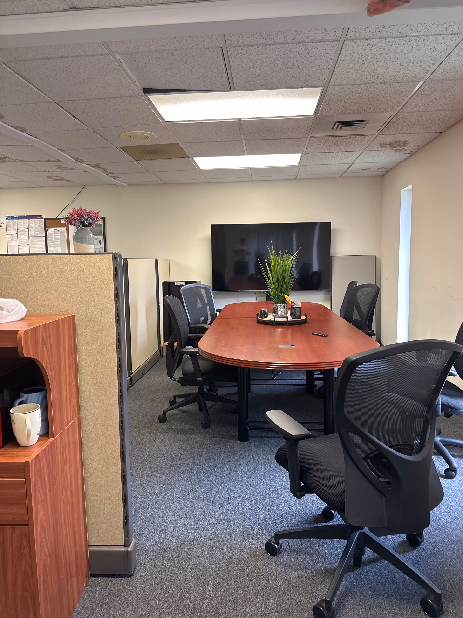 Senior living facility conference room with a curved wooden table, chairs, a large monitor, and plants.