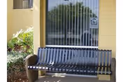 Yellow exterior wall, black metal bench by a window, with greenery nearby.