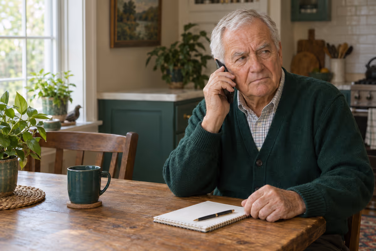 An older veteran listens warily to a phone call at his kitchen table