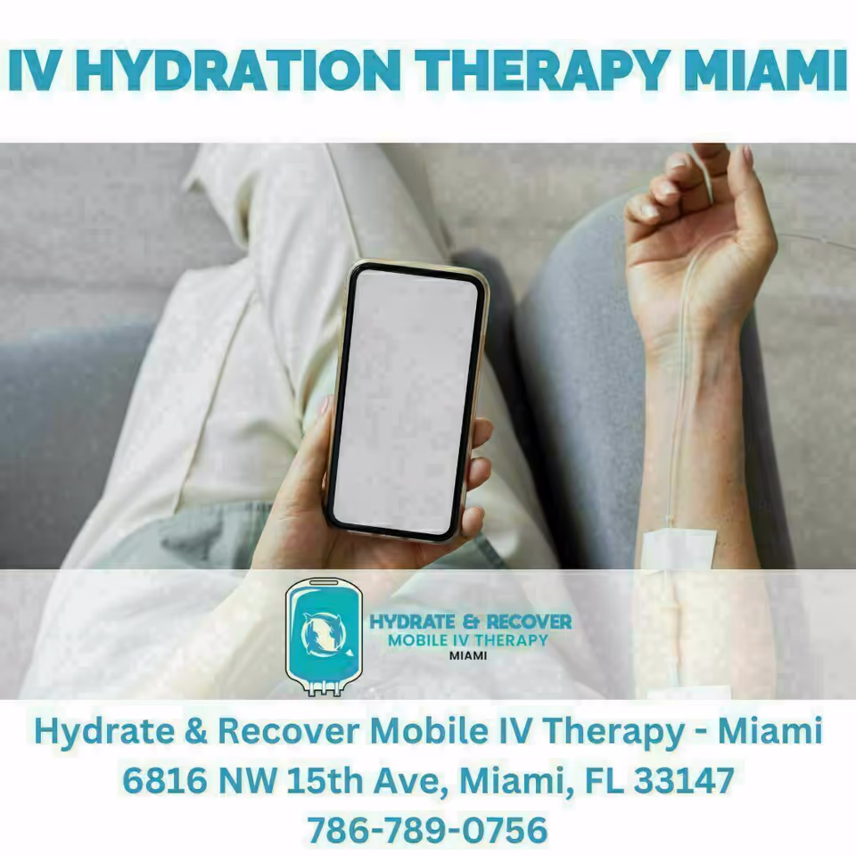 A patient reclines with an IV line while holding a smartphone, Hydrate & Recover branding visible.