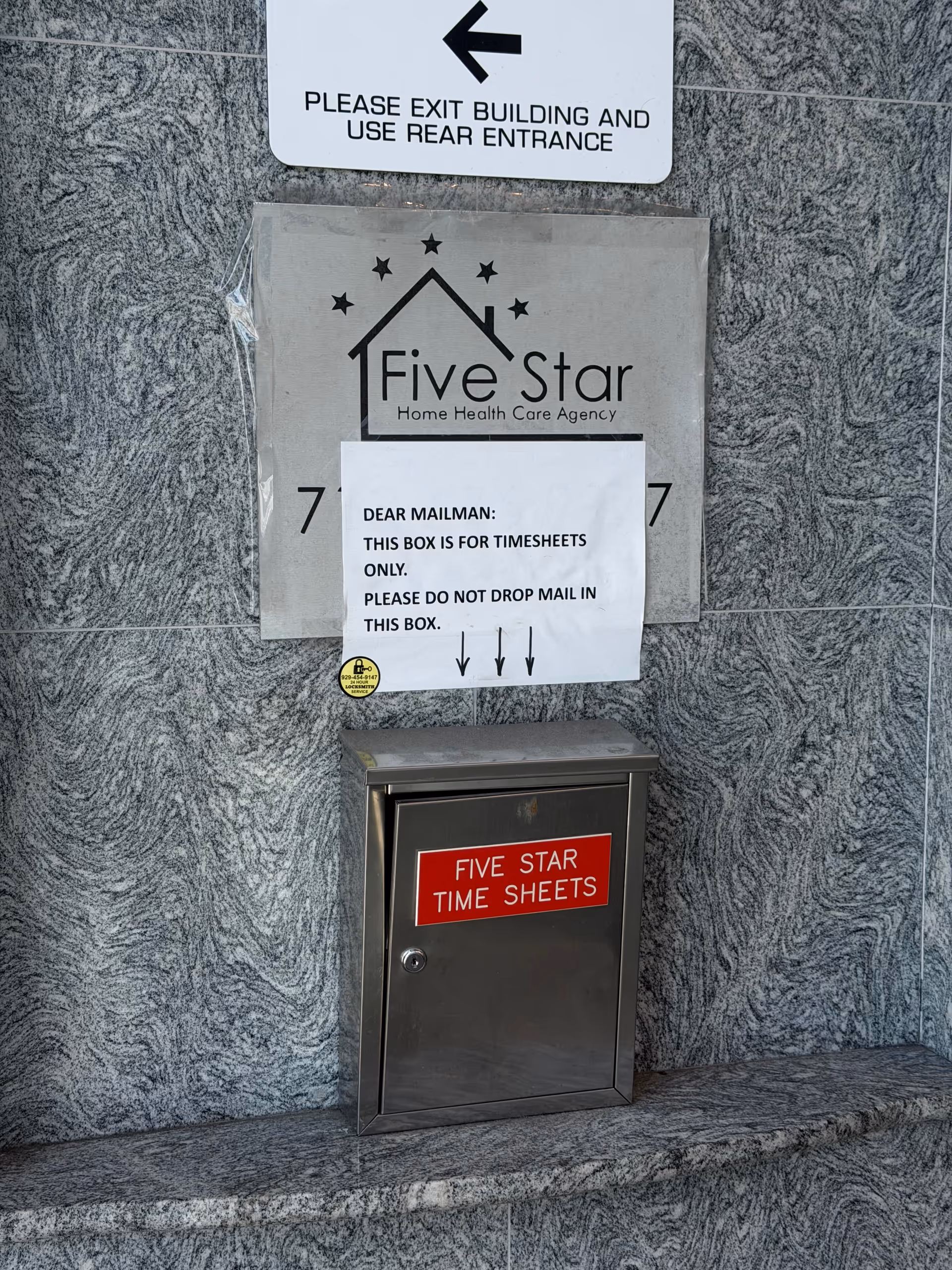 Exterior wall with Five Star Home Health Care Agency sign and metal time sheets box.