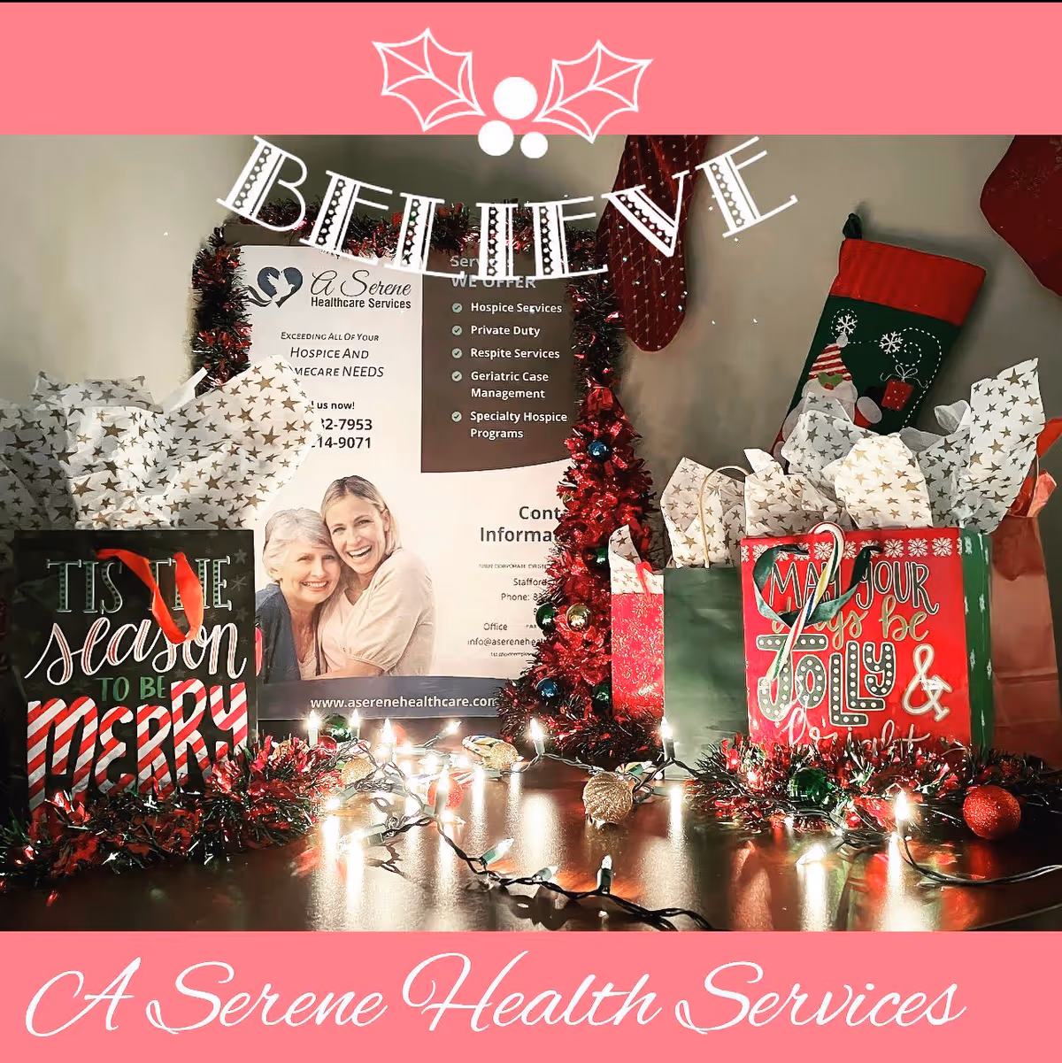 Holiday gift display with wrapped presents, lights, and a promotional poster for A Serene Healthcare Services.