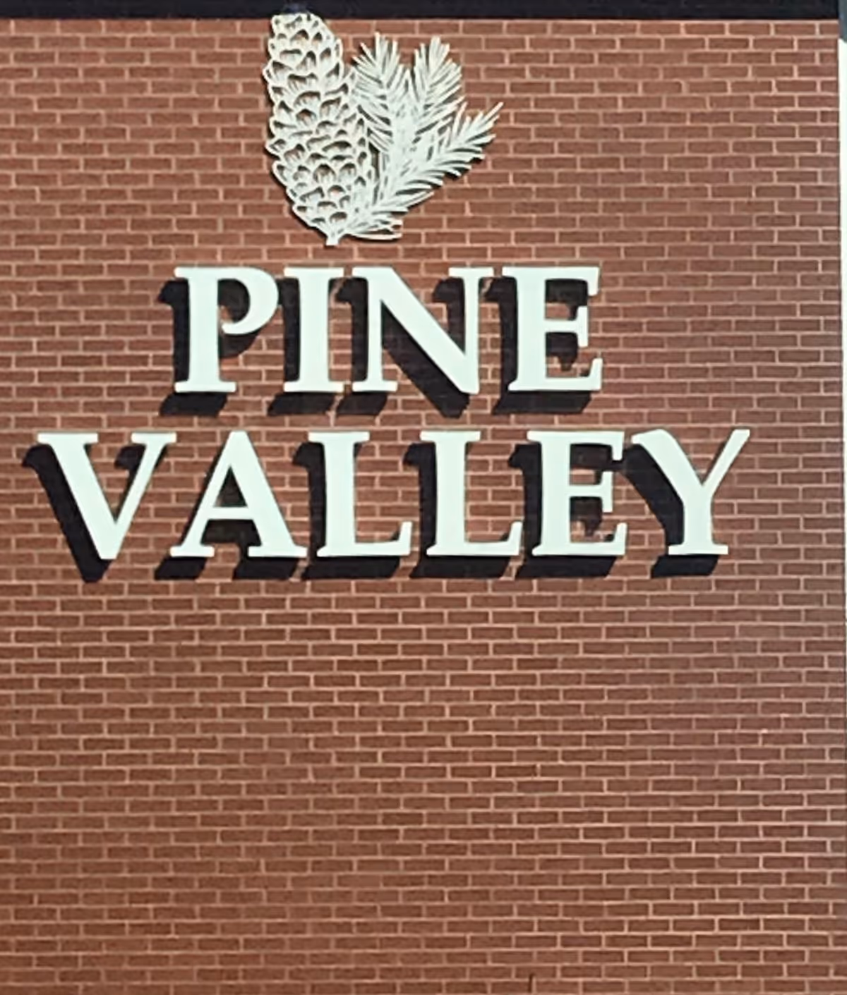 Brick building facade with a large sign reading "PINE VALLEY" and a pine cone graphic above it.