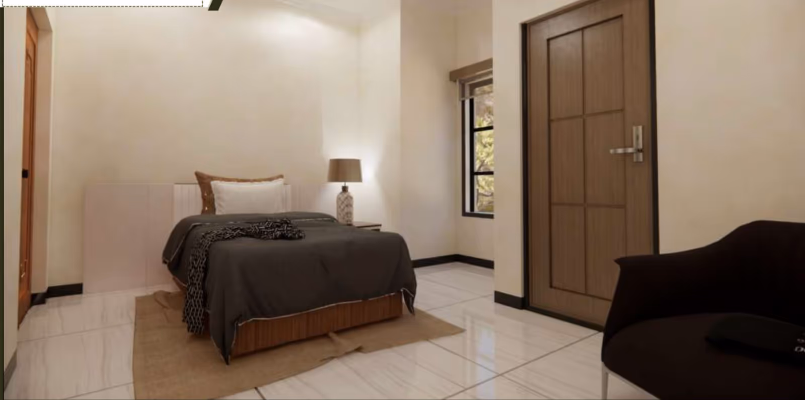 Minimal modern bedroom with a made bed, bedside lamp, window, wooden door and an armchair.