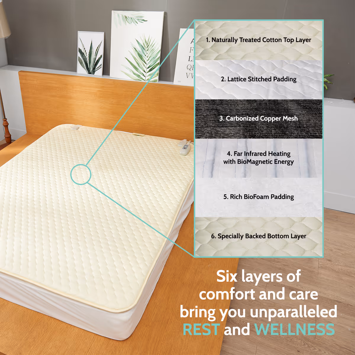 Cream quilted mattress on a wooden bed in a neatly styled bedroom.