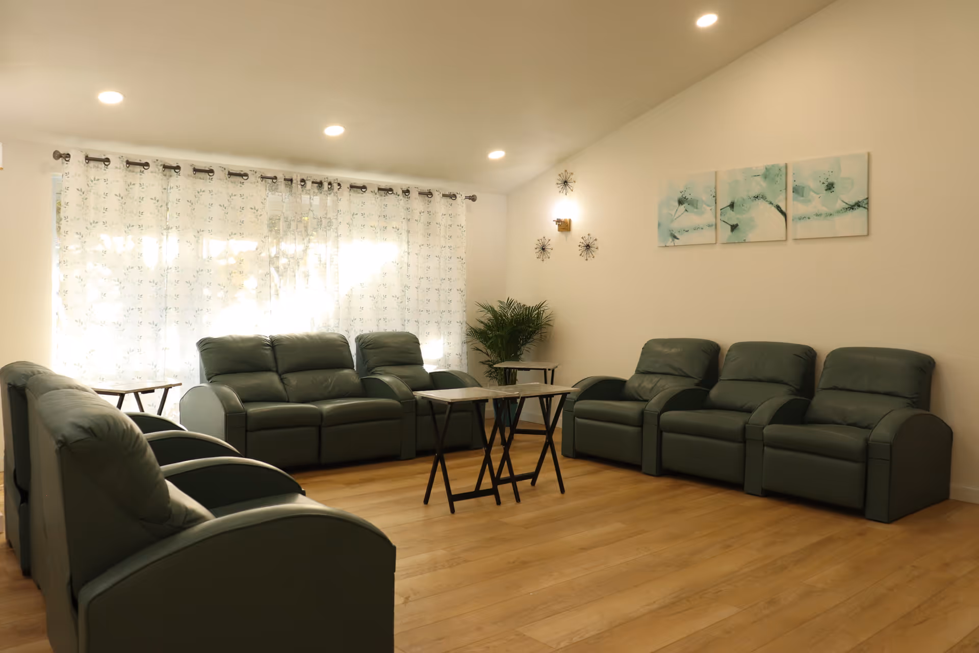 A well-lit living room with multiple green leather recliner chairs and sofas arranged around small wooden tables. Sheer white curtains cover the windows, and there is a potted plant in the corner. The walls are decorated with three abstract paintings and three small decorative wall pieces.