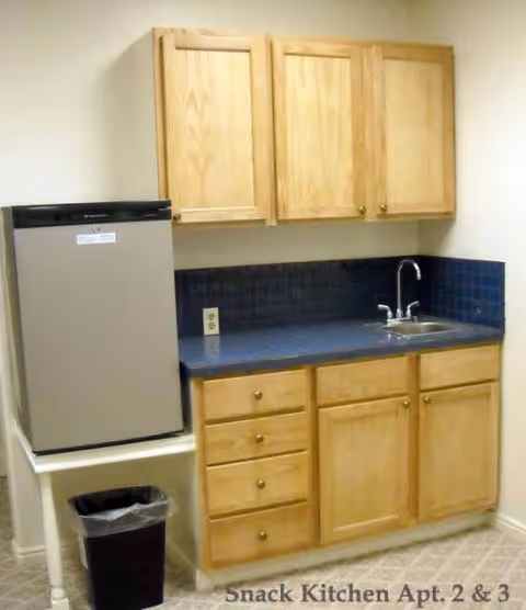 Small kitchenette with light wood cabinets, a blue countertop, a stainless steel sink with a faucet, a mini refrigerator on the left, and a black trash bin below the refrigerator. The backsplash is dark blue tile.