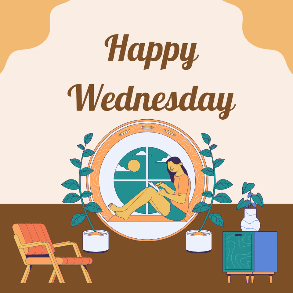 An illustrated indoor living room scene featuring chair, plants, cabinet, and Happy Wednesday.