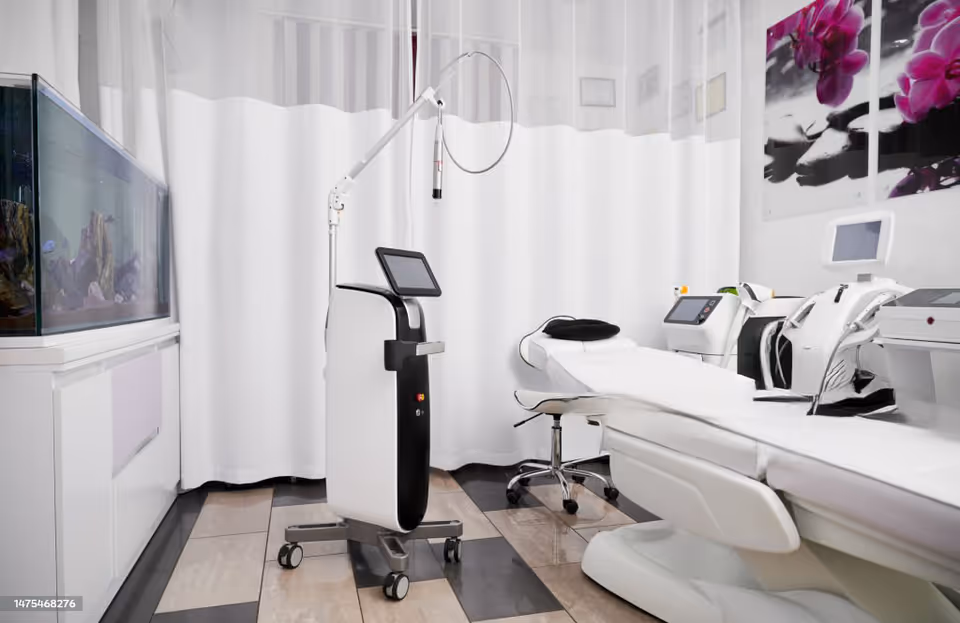 Clinical treatment room featuring a bed, medical devices, and a wall-mounted TV.