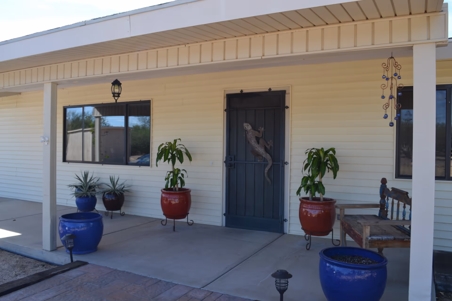 Front exterior of a single-story building with potted plants and a lizard-decorated door.