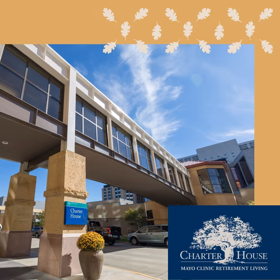 Exterior view of Charter House building with an elevated walkway and blue sky.