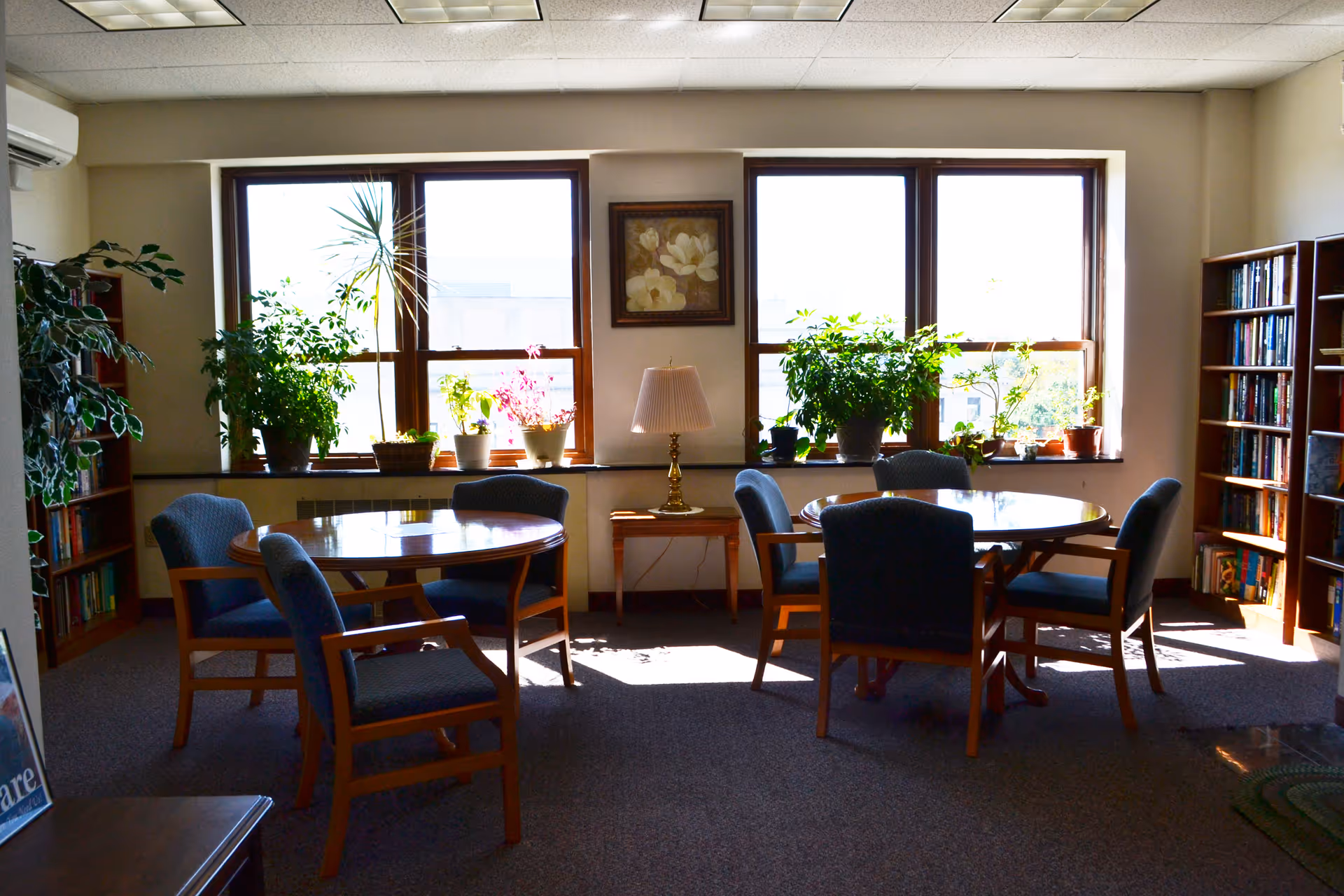 A well-lit common area with two round wooden tables surrounded by blue cushioned chairs. There are several potted plants on the window sills and a small table with a lamp between two large windows. Bookshelves filled with books are visible on both sides of the room.