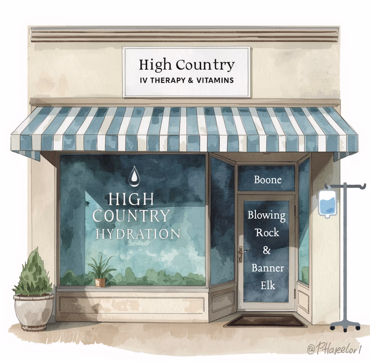 Illustrated storefront for High Country Hydration with striped awning and signage.