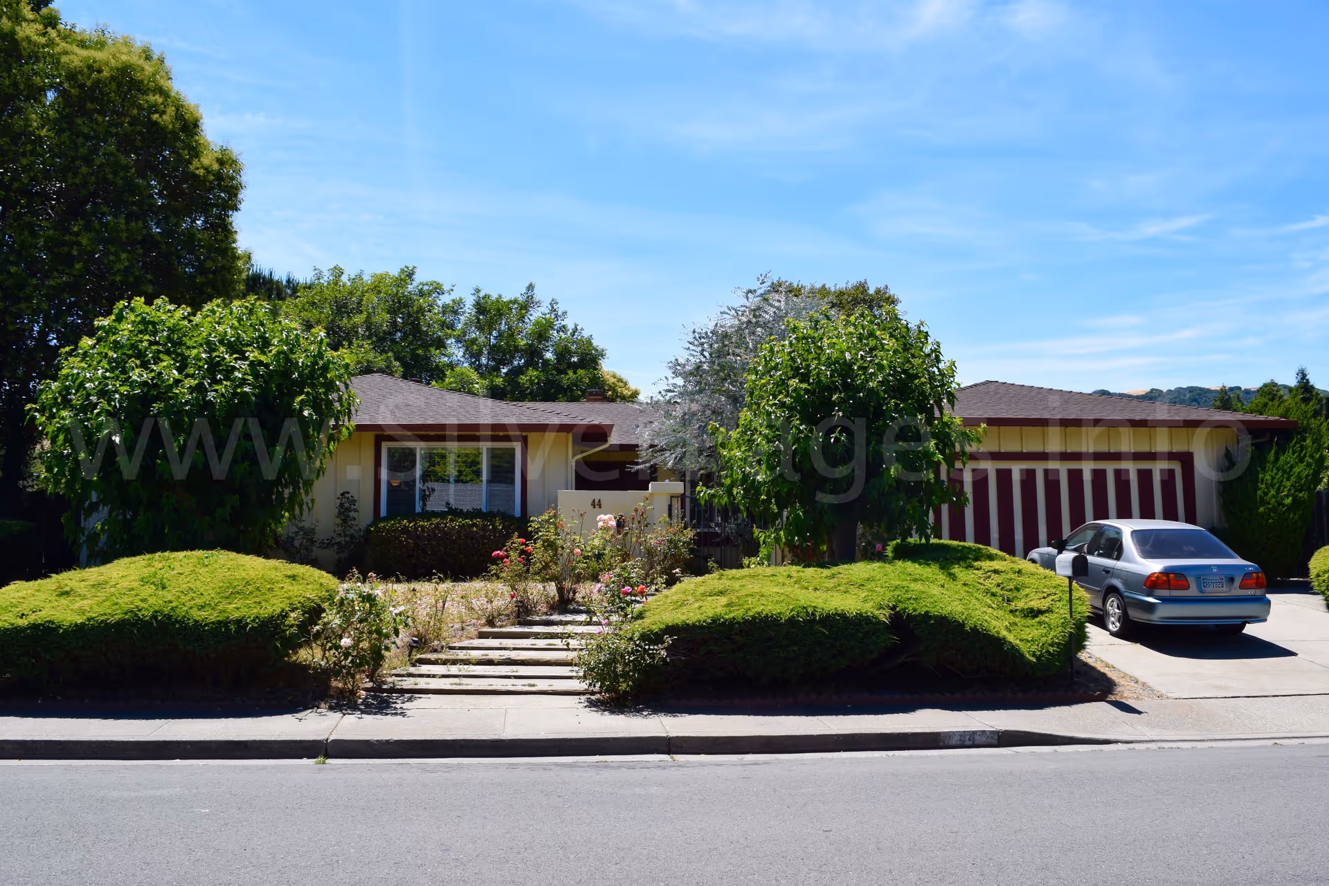 Single-story senior living facility with manicured shrubs, steps, driveway, and a parked car.