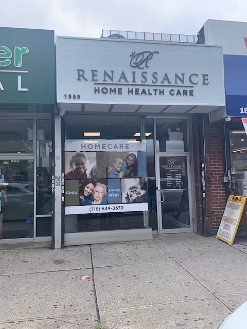 Storefront for Renaissance Home Health Care with glass doors and promotional window.