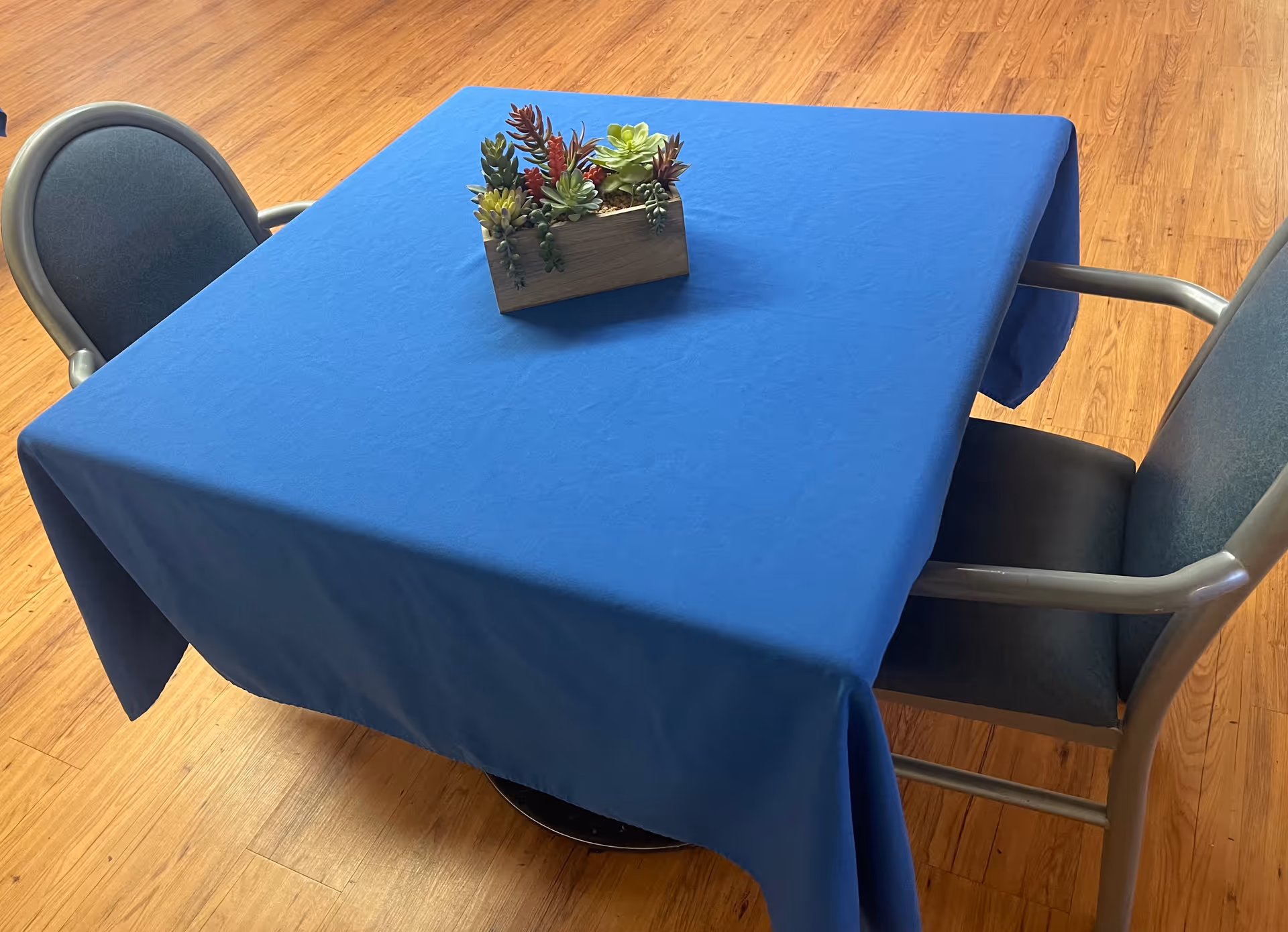 Square table covered with a blue tablecloth with a small rectangular planter of assorted succulents in the center, surrounded by two gray cushioned chairs on a wooden floor.