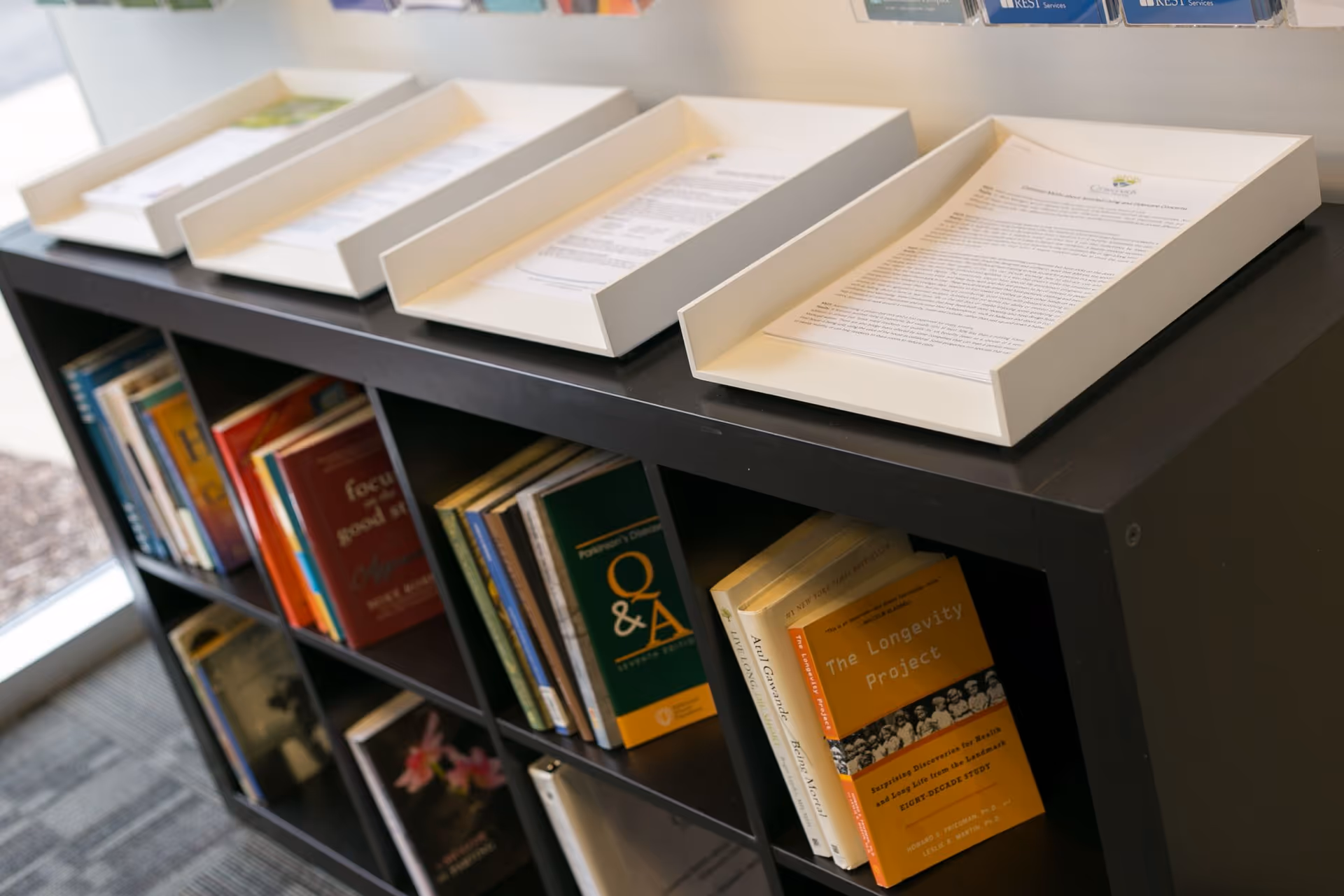 Black bookshelf with white document trays and assorted books in a waiting area.