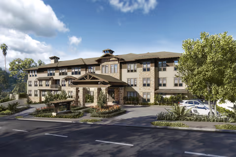 Exterior view of Park View Place Senior Living with entrance and landscaping.