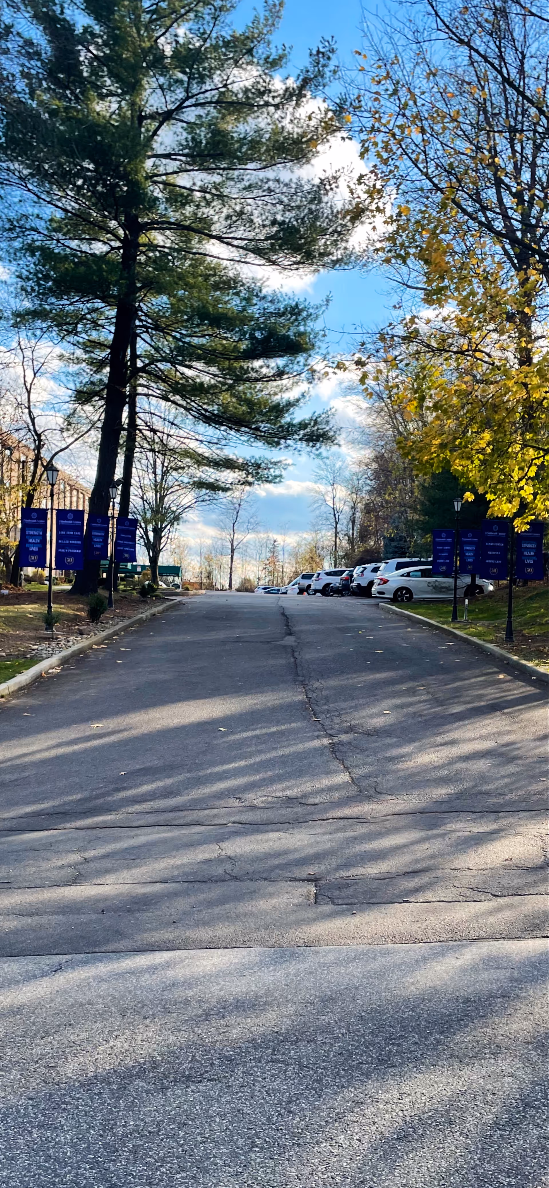 Exterior drive at Friedwald Center for Rehab and Nursing with parked cars and signs.