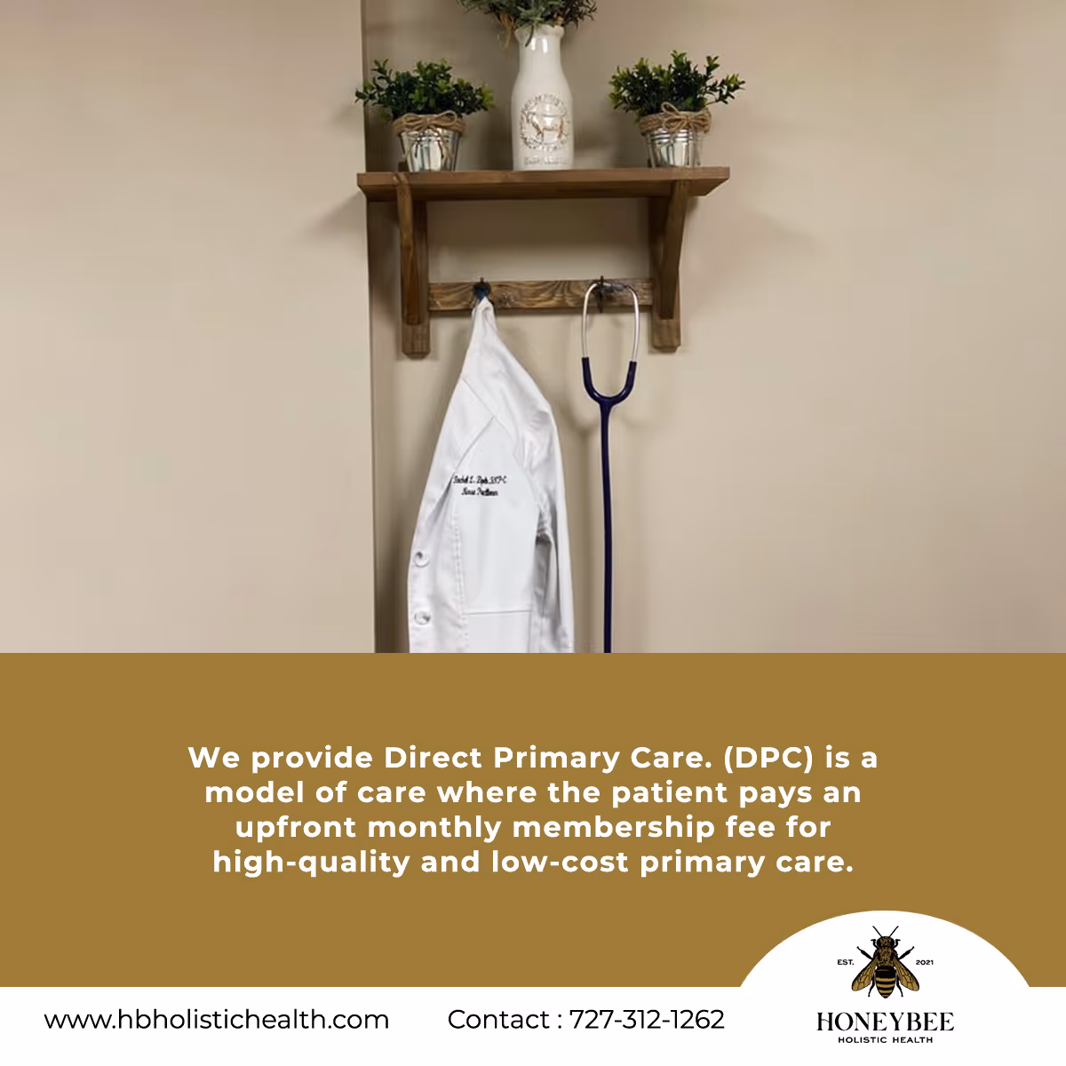 Interior wall with a wooden coat rack, white lab coat, stethoscope, and plants.