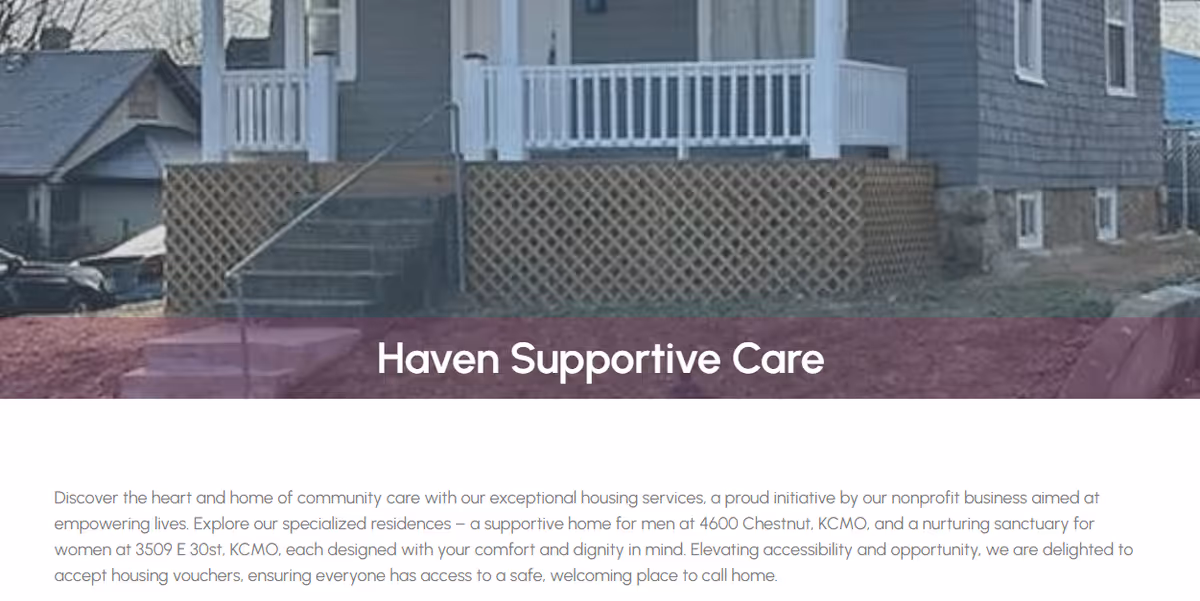 Front exterior of Haven Supportive Care facility with a porch and white railing.