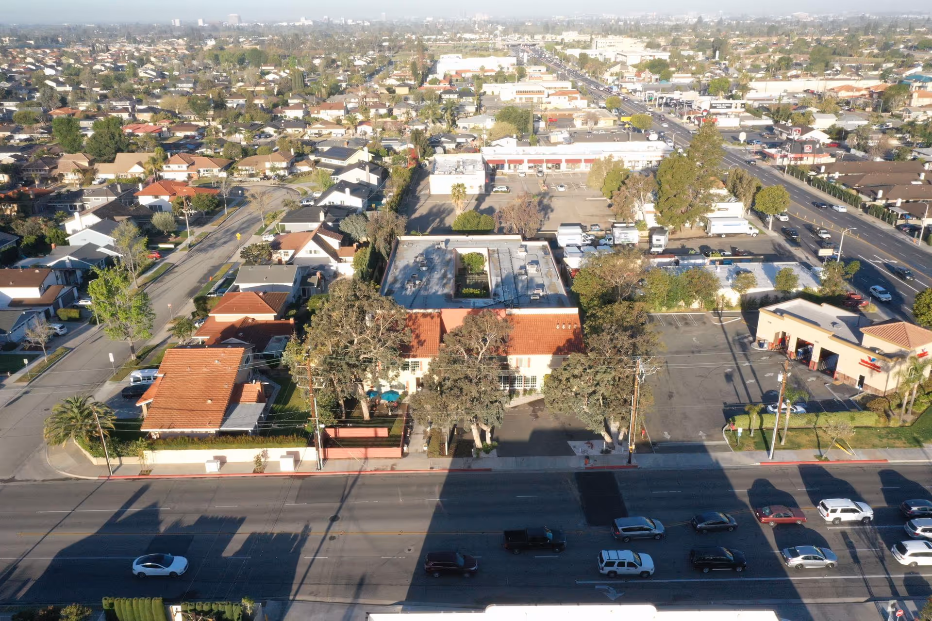 Aerial view of Citrus Hills Assisted Living facility and surrounding urban neighborhood.