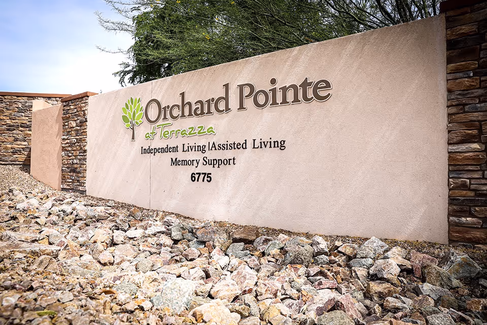 Tan stone sign reading Orchard Pointe at Terrazza, with rocky landscaping along the base.