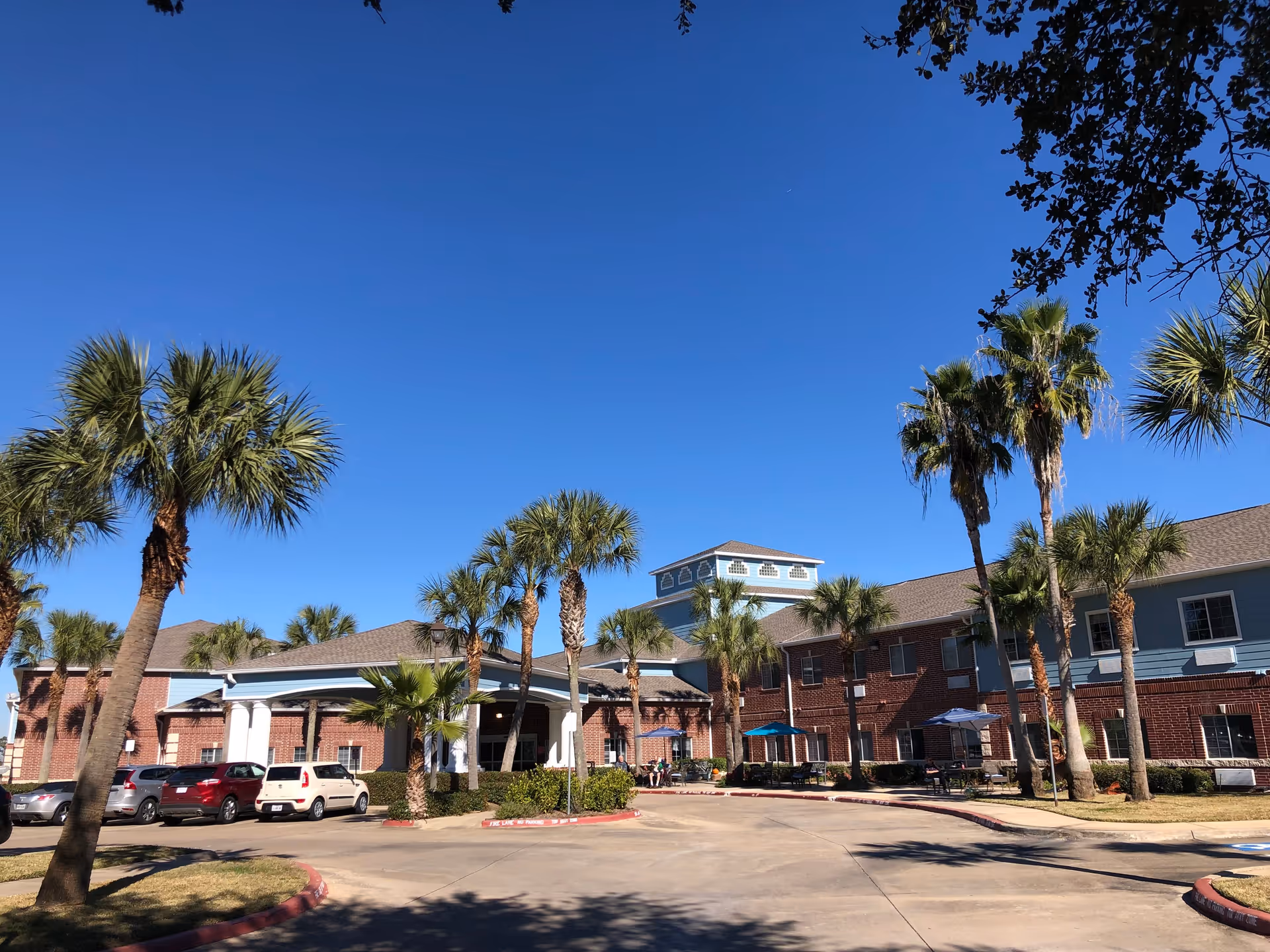 Exterior view of Regal Estates Of League City, a two-story senior living facility with a brick and blue facade, surrounded by palm trees and parked cars under a clear blue sky.