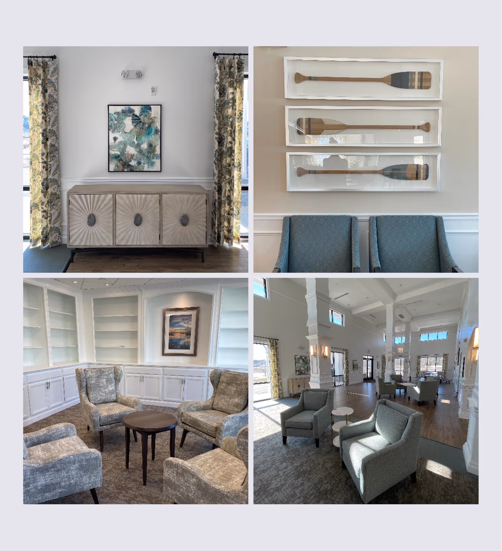 Collage of four interior photos showing bright senior living common areas with upholstered chairs, seating arrangements, decorative artwork, and high ceilings.
