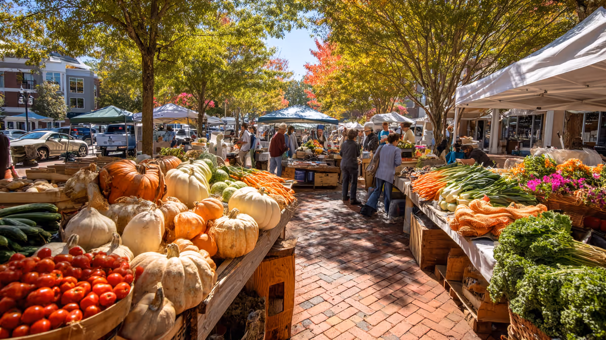 Outdoor market scene at Lavenderly with pumpkins and vegetables on stalls, shoppers strolling.