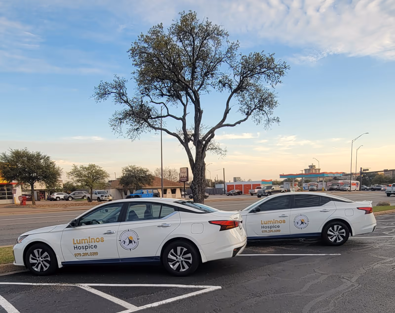 Two white Luminos Hospice cars parked in a lot with a tree and shops in background.