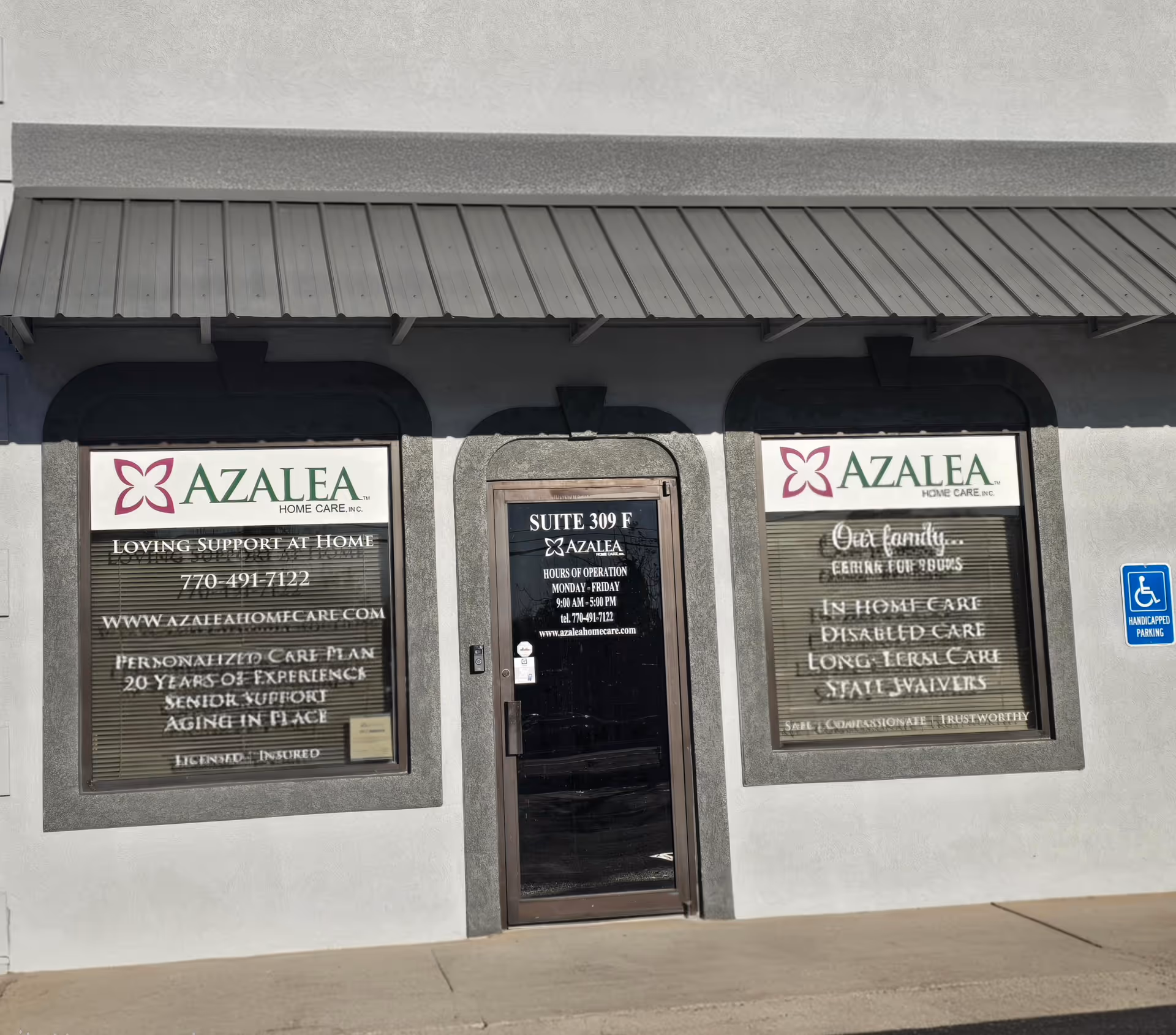 Exterior storefront of Azalea Home Care with two windows and a central entry door.