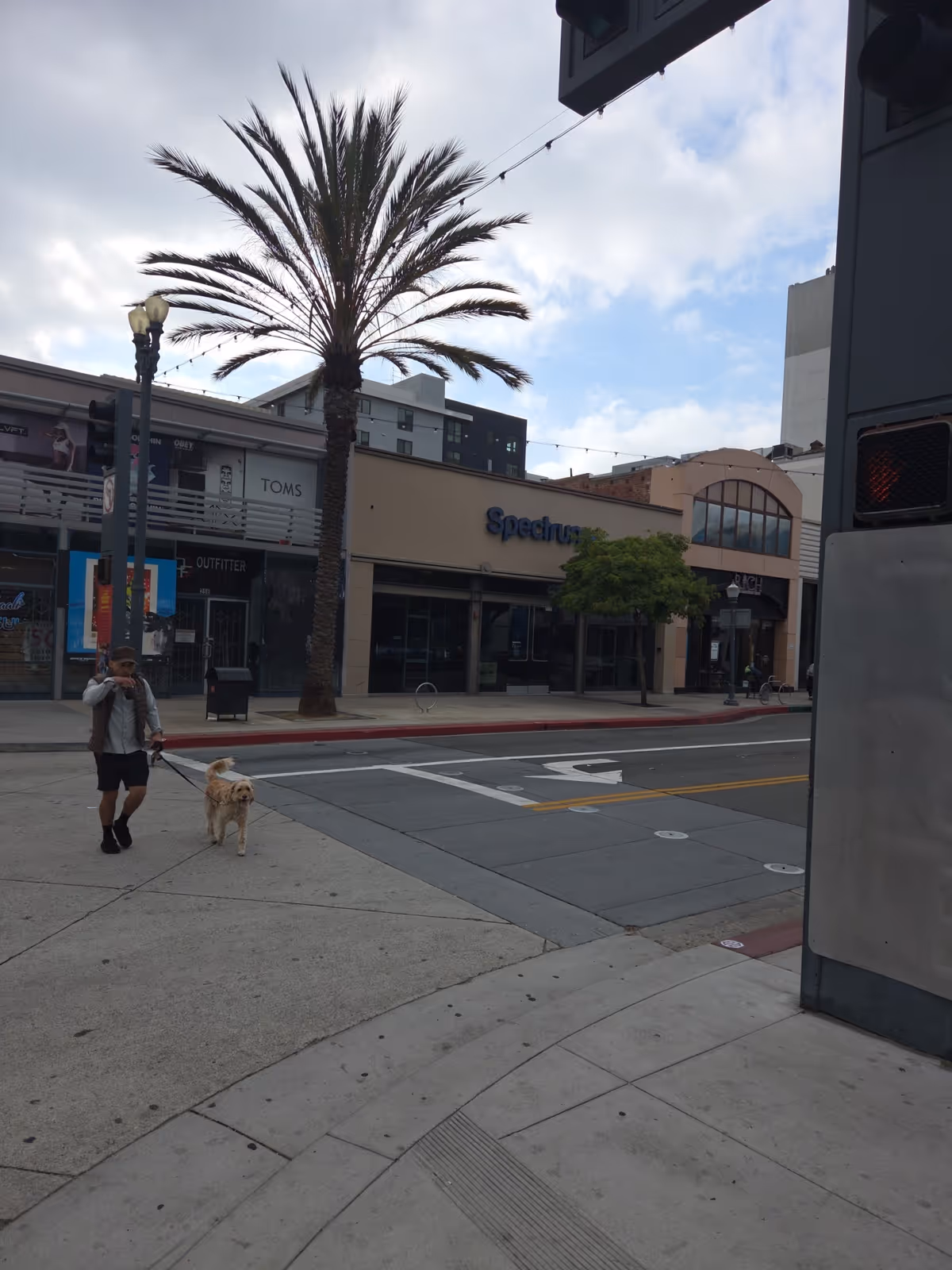 Person walking a dog on sidewalk in front of row of storefronts on a sunny street.