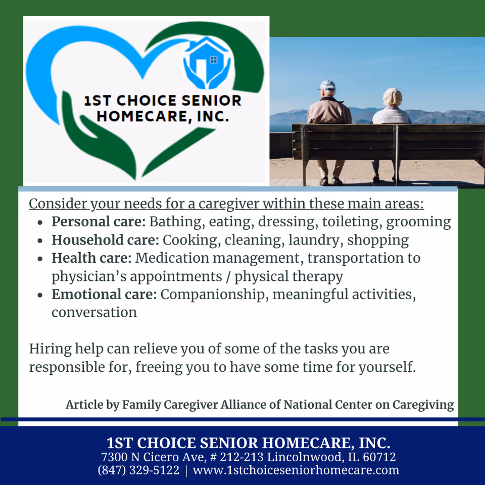 1st Choice Senior Home Care logo beside two seniors sitting on an outdoor bench.