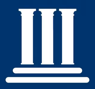 Blue background with three white classical columns and a stepped base silhouette.