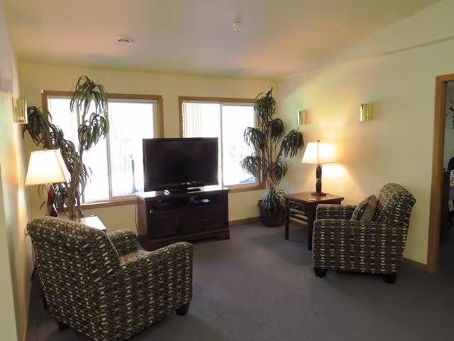 Cozy senior living lounge with two patterned armchairs, TV, lamps, and plants.