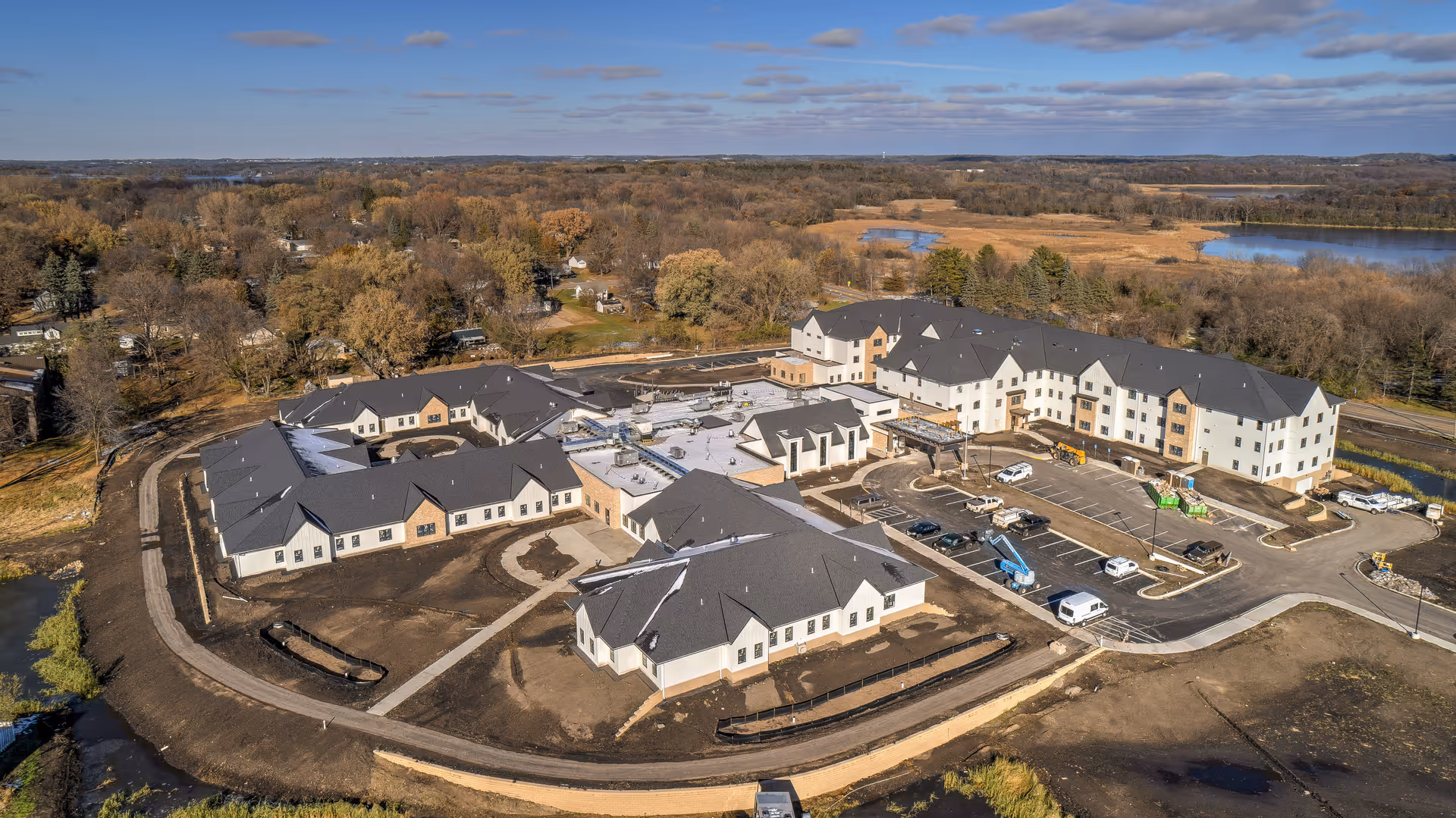 A Haven Homes Assisted Living campus viewed from above with connected buildings and parking.