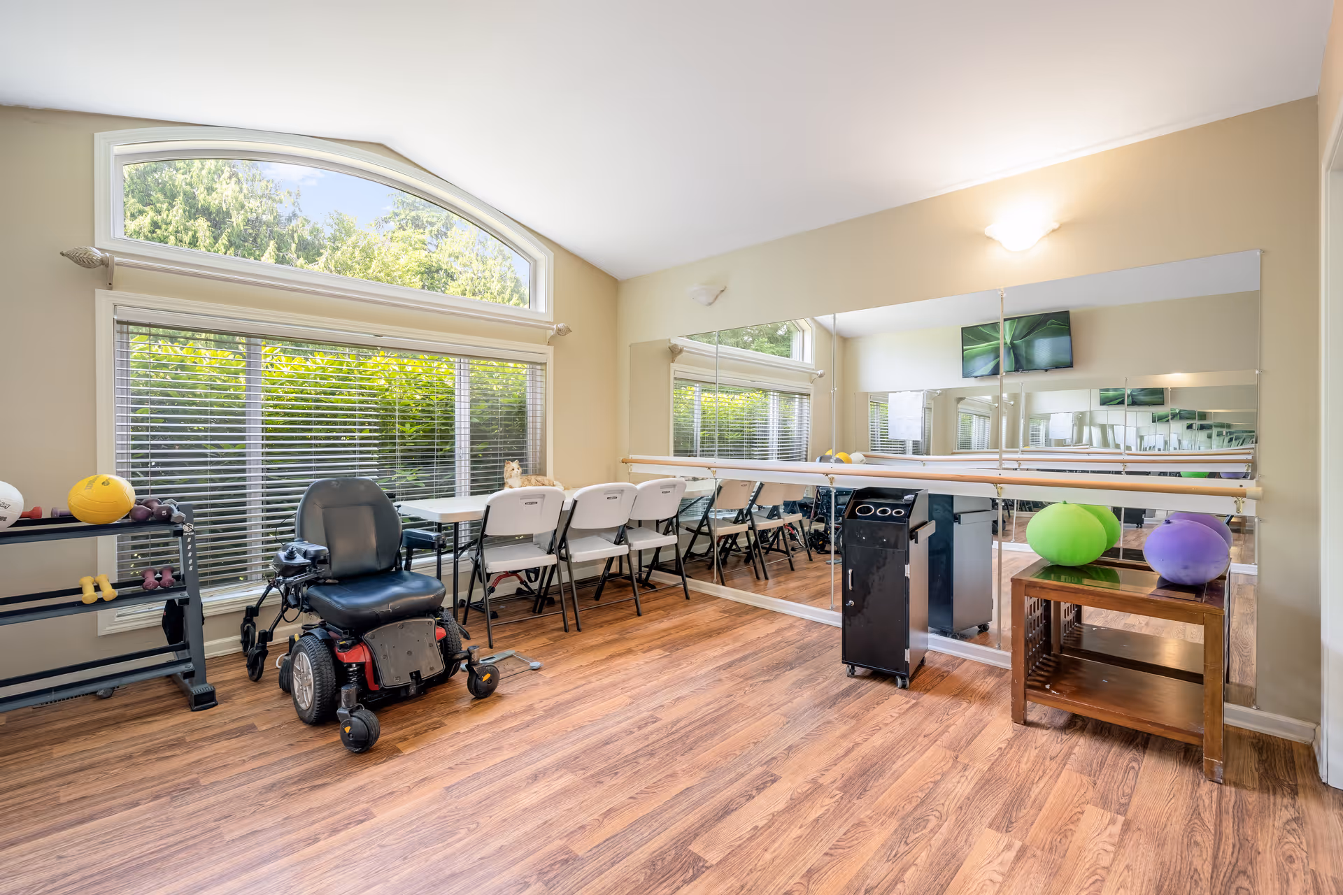 Bright indoor fitness room with large windows, mirrors, chairs, and mobility equipment.
