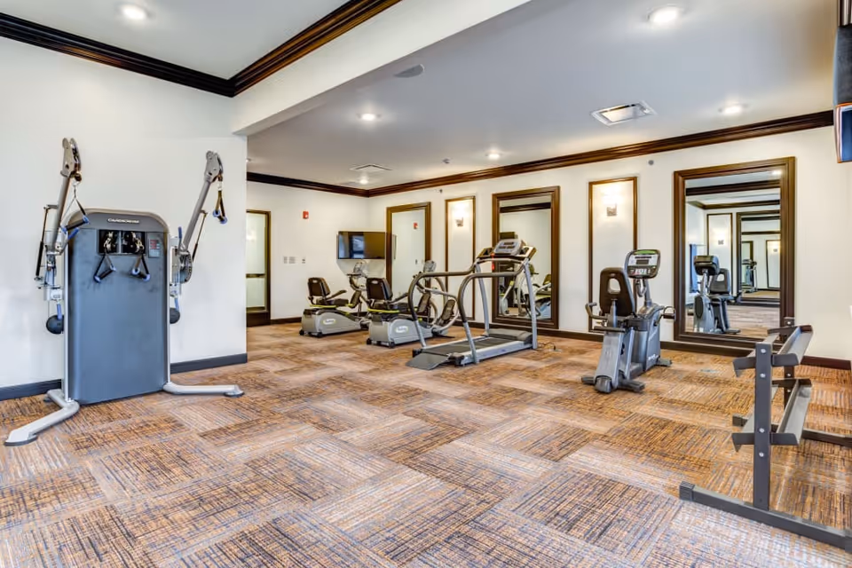 Bright fitness room with treadmills, recumbent bikes, weight machines, mirrors and patterned carpet.