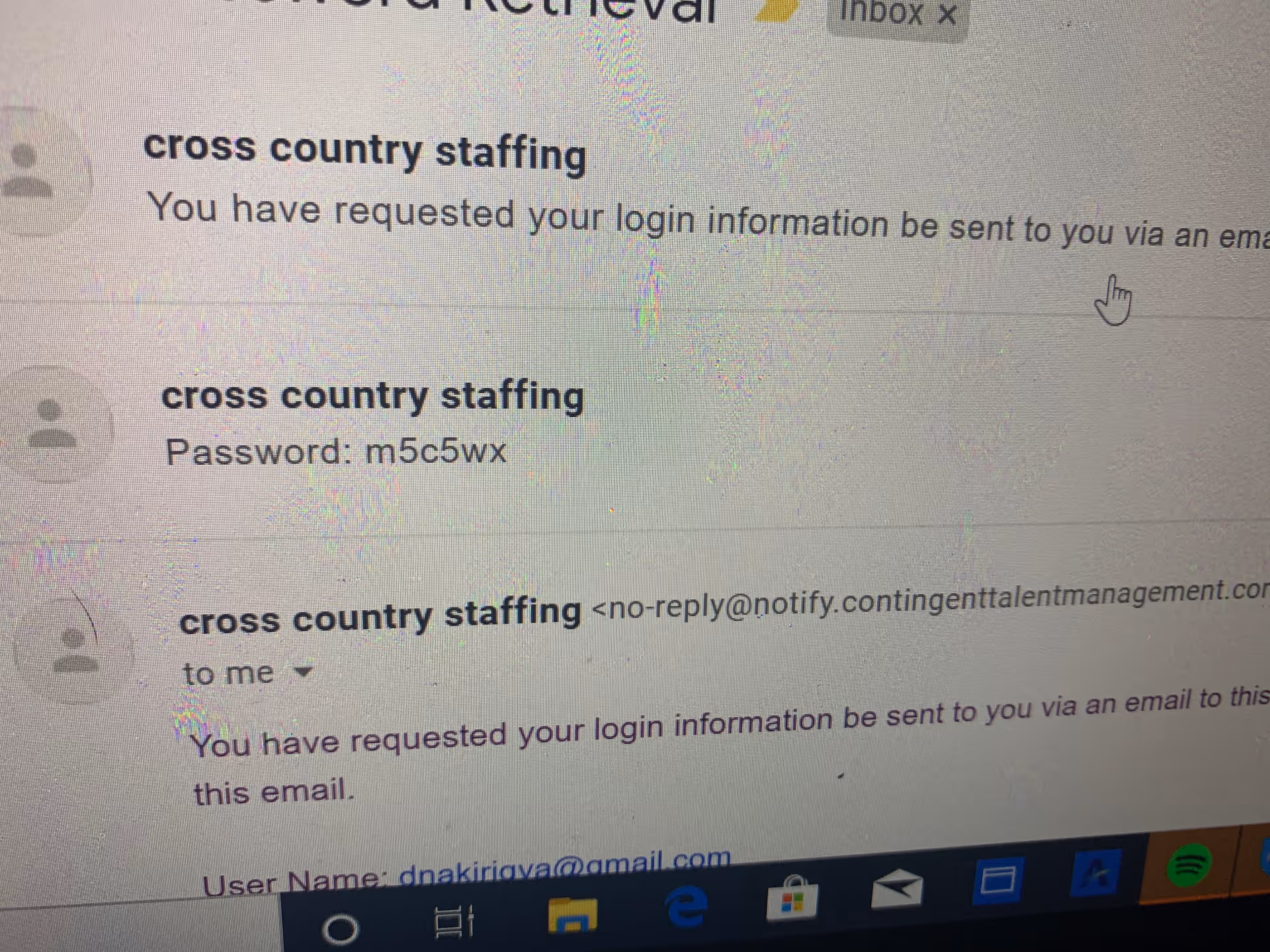 Screenshot of an email inbox on a computer screen showing staffing messages.
