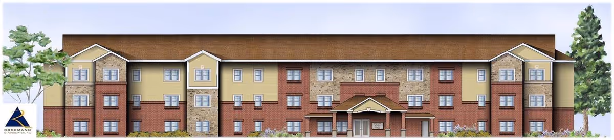 Architectural illustration of a three-story senior living facility building with a mix of brick and stone exterior, multiple windows, a central entrance with a covered porch, and trees on either side.