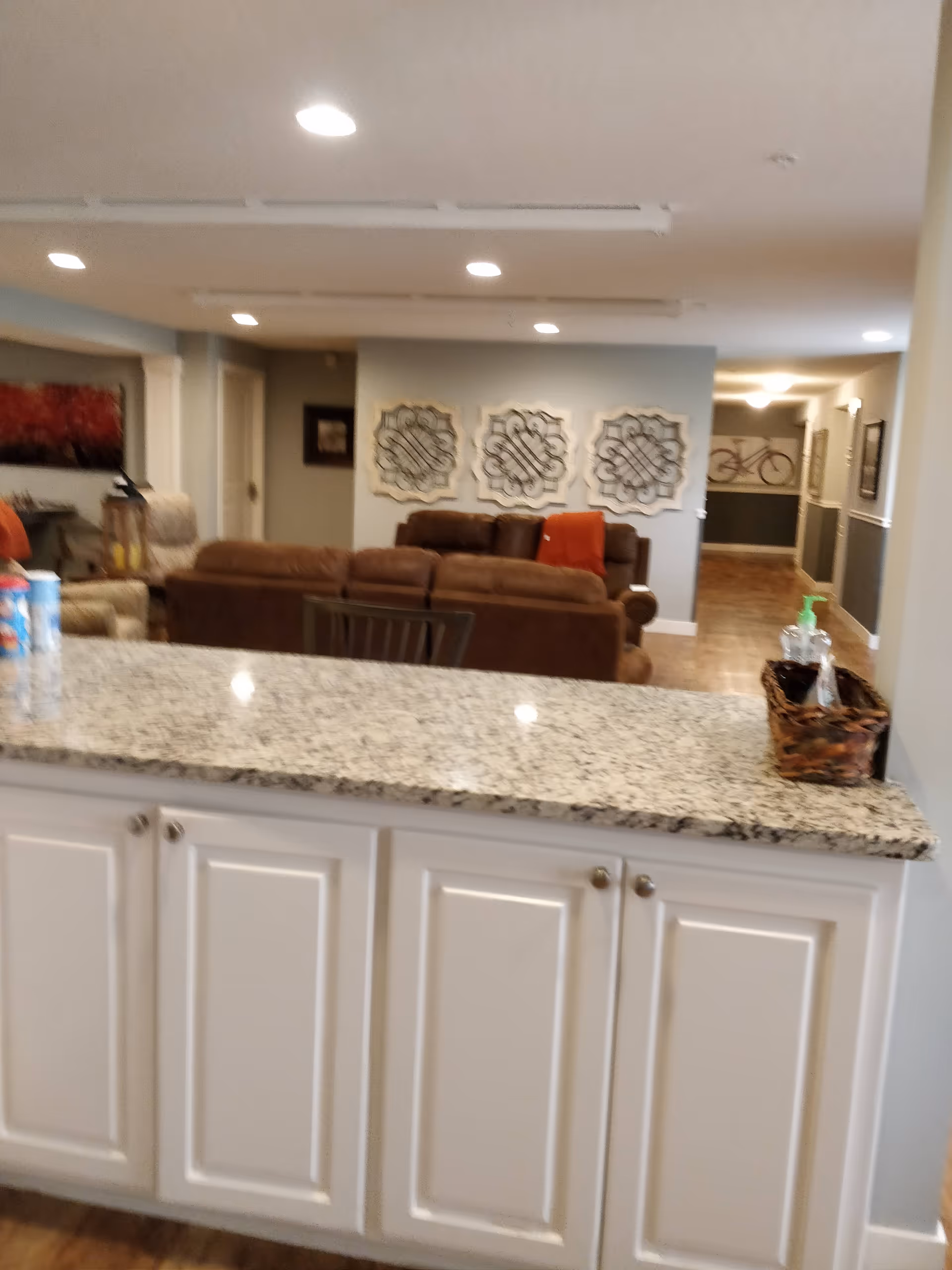 View of a bright common area with granite counter and brown seating.