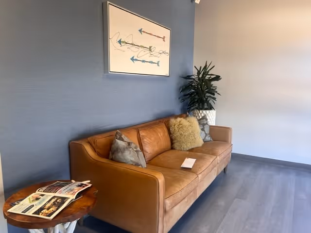 Brown leather sofa with throw pillows sits in a blue-walled lobby with a plant and magazines.