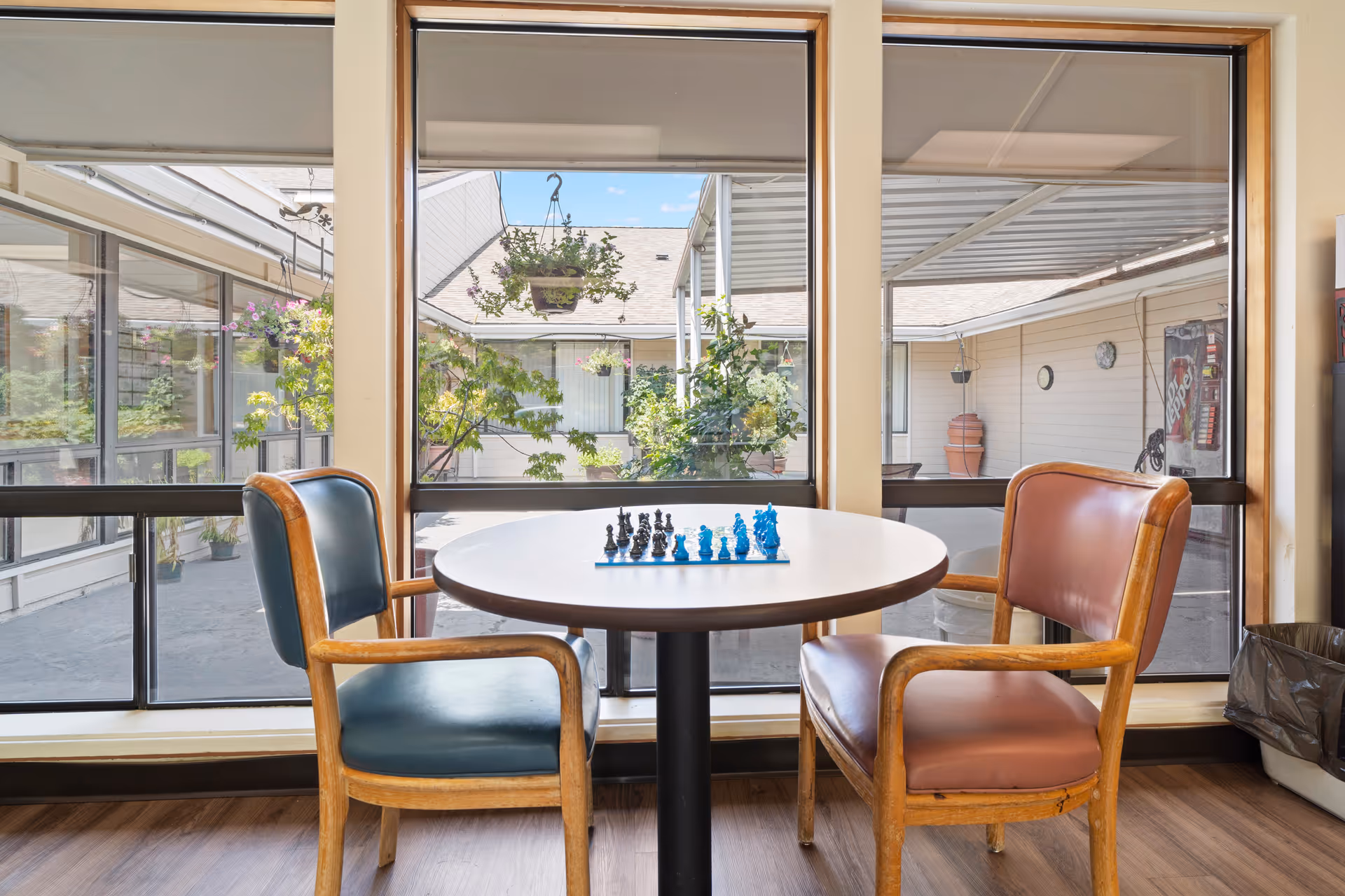 A round table with two upholstered chairs by large windows with hanging plants.