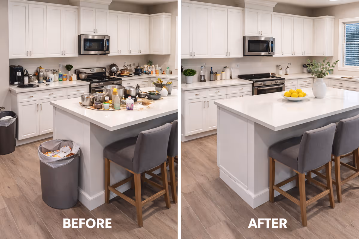 Split kitchen with white cabinets and island, showing before-and-after cleaning.